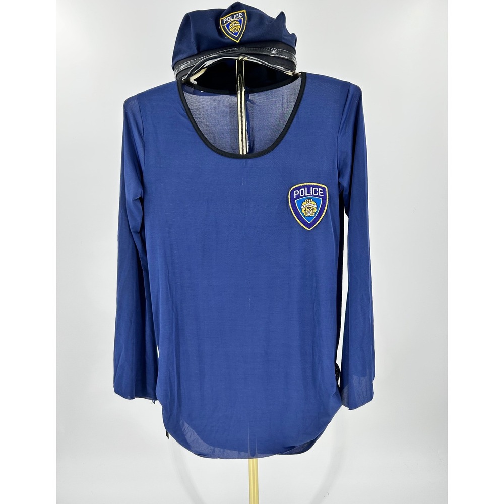 Blue Police Officer Costume Set Long Sleeve Mini Dress and Hat Women Medium